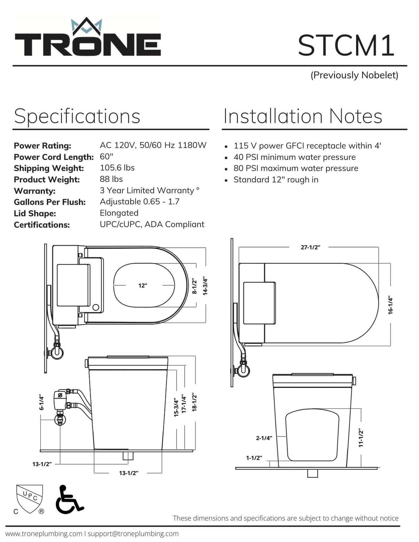 Trone STCM1 Smart Bidet Toilet with ToeTouch, Auto Open