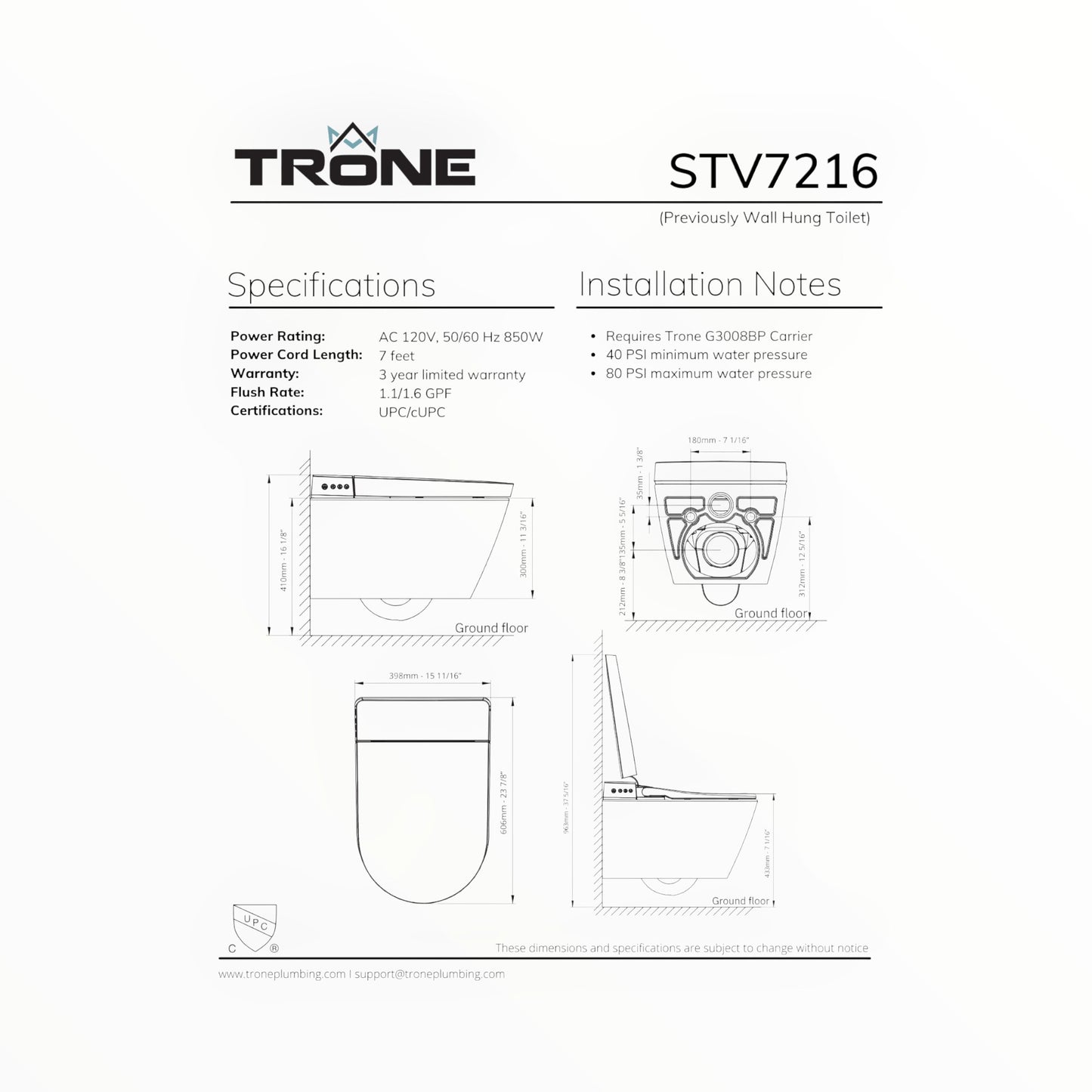 Trone STV7216 Wall Hung Mounted Bidet Smart Toilet