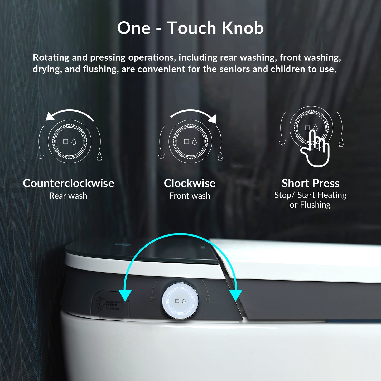 Control knob with washing and heating functions on a dark background