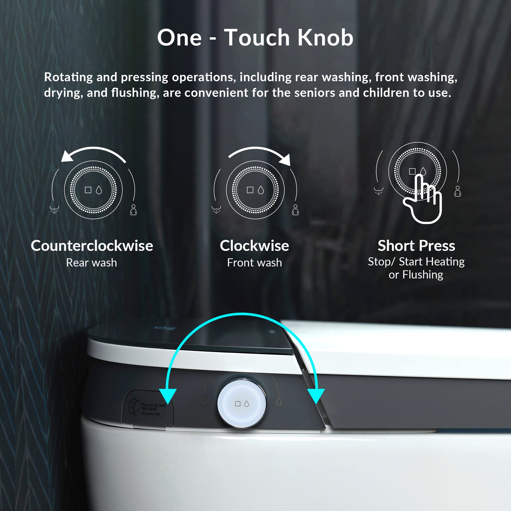 Control knob with washing and heating functions on a dark background