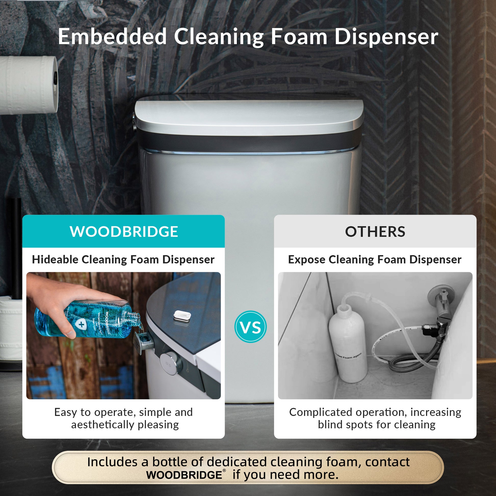Advertisement for Woodbridge embedded cleaning foam dispenser compared to other dispensers.