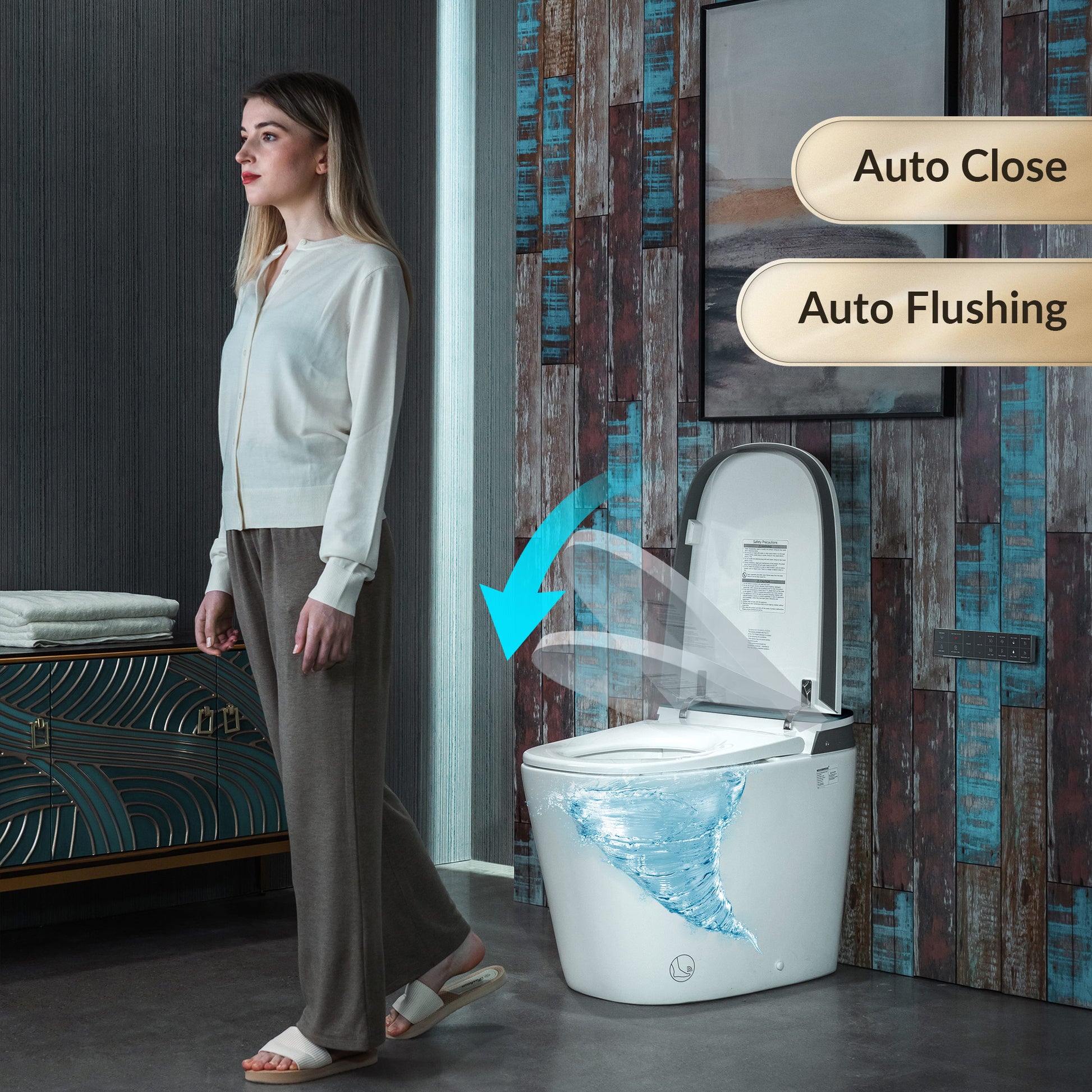Woman standing next to a modern toilet with auto close and flushing features.
