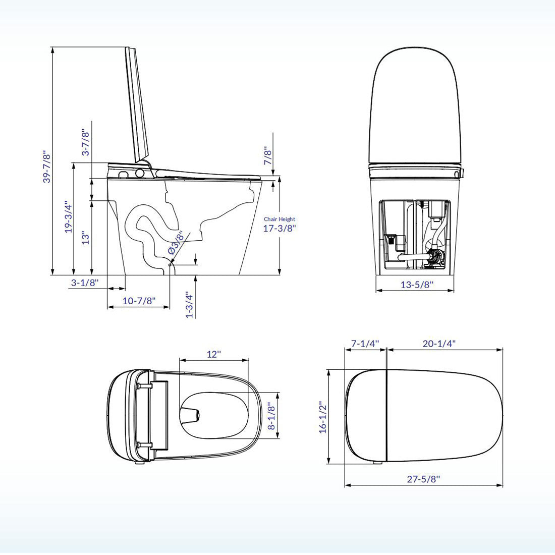 Technical drawing of a toilet with dimensions labeled
