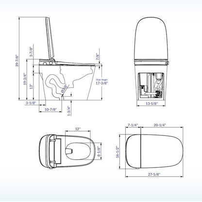 Technical drawing of a toilet with dimensions labeled