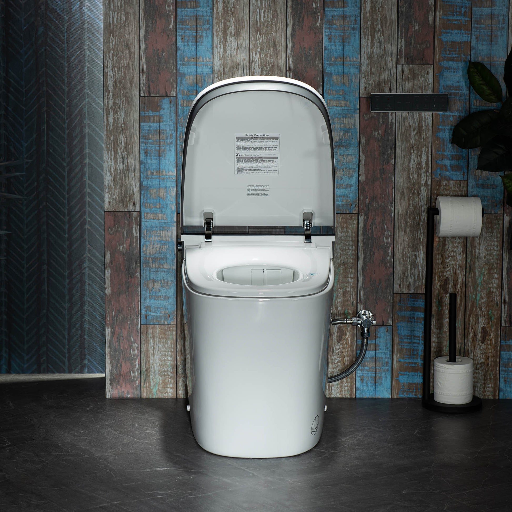 White toilet with open lid against a wooden wall with blue accents