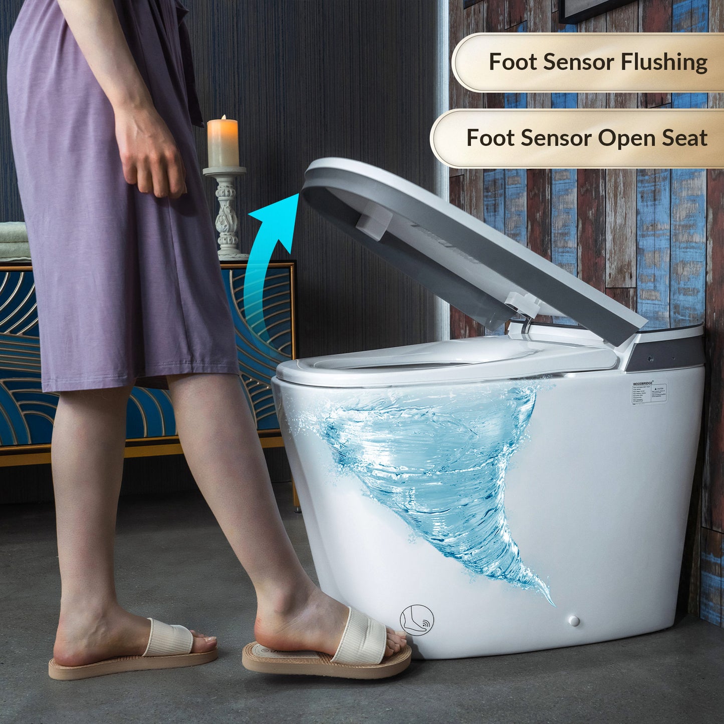Person using a modern toilet with foot sensor flushing and open seat features.
