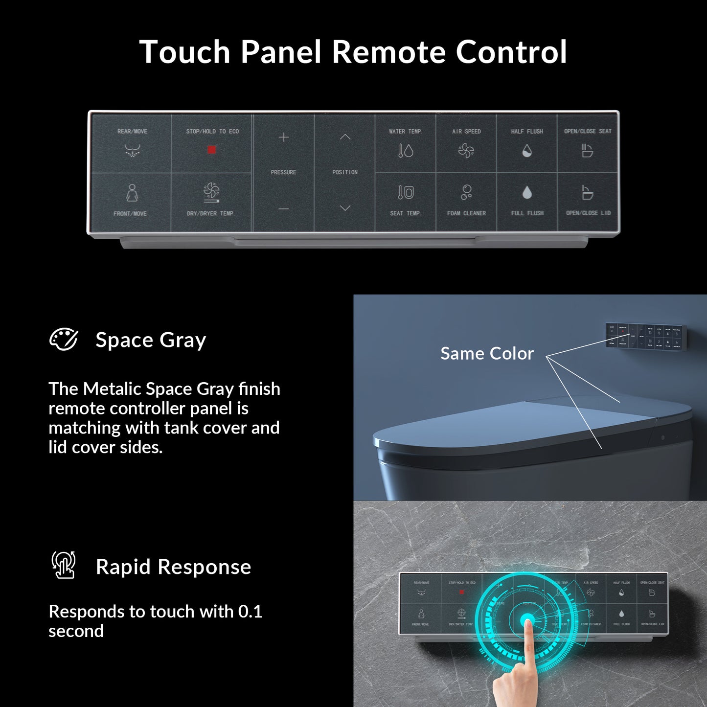 Touch panel remote control with space gray finish and rapid response feature, shown on a black background.