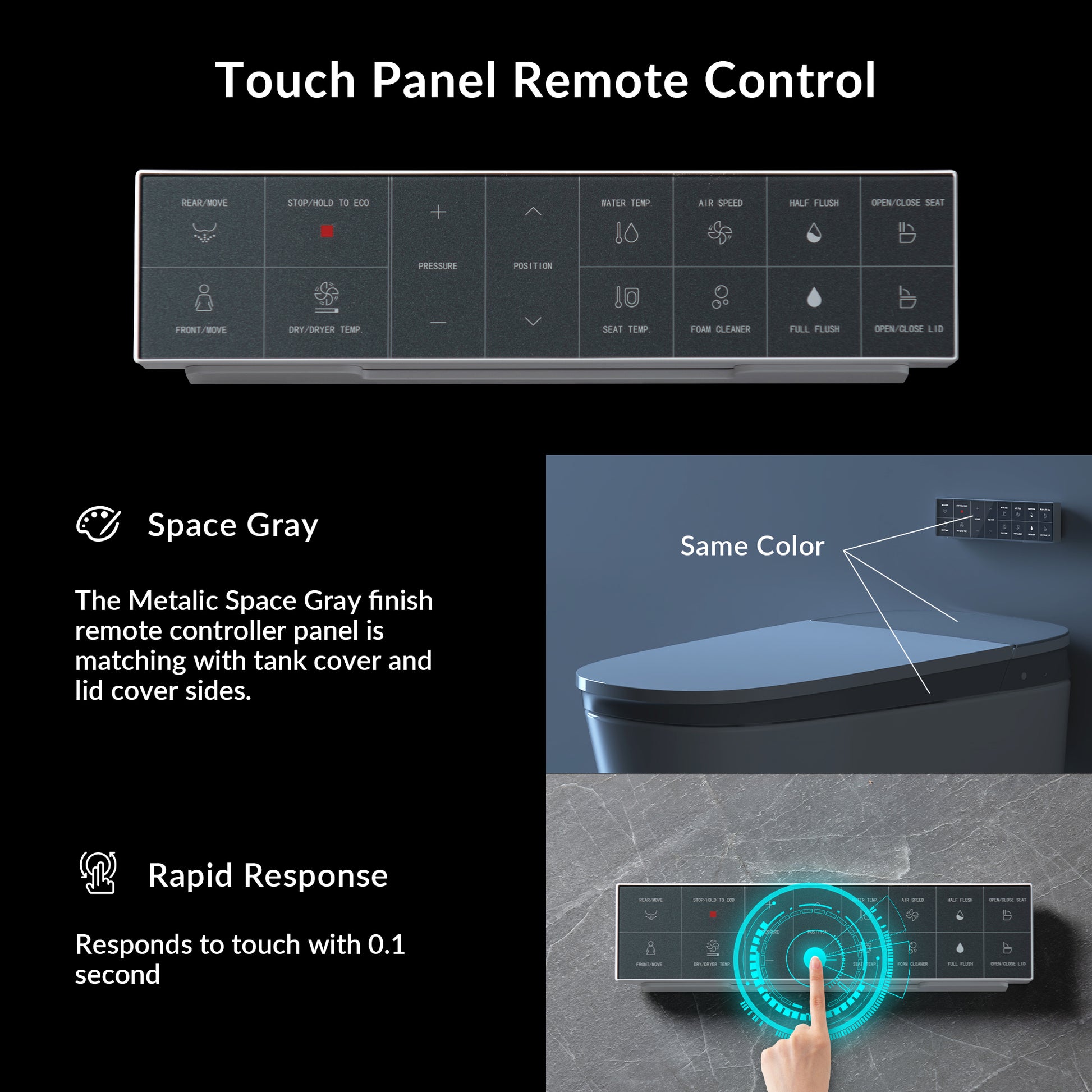 Touch panel remote control with space gray finish and rapid response feature, shown on a black background.