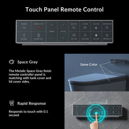 Touch panel remote control with space gray finish and rapid response feature, shown on a black background.